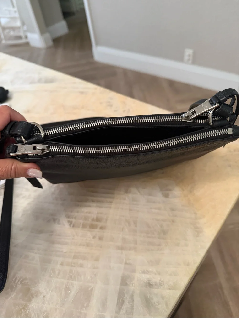 Prada Black Pebbled Leather DOUBLE ZIP GUSSET CROSSBODY BAG with Silver Logo